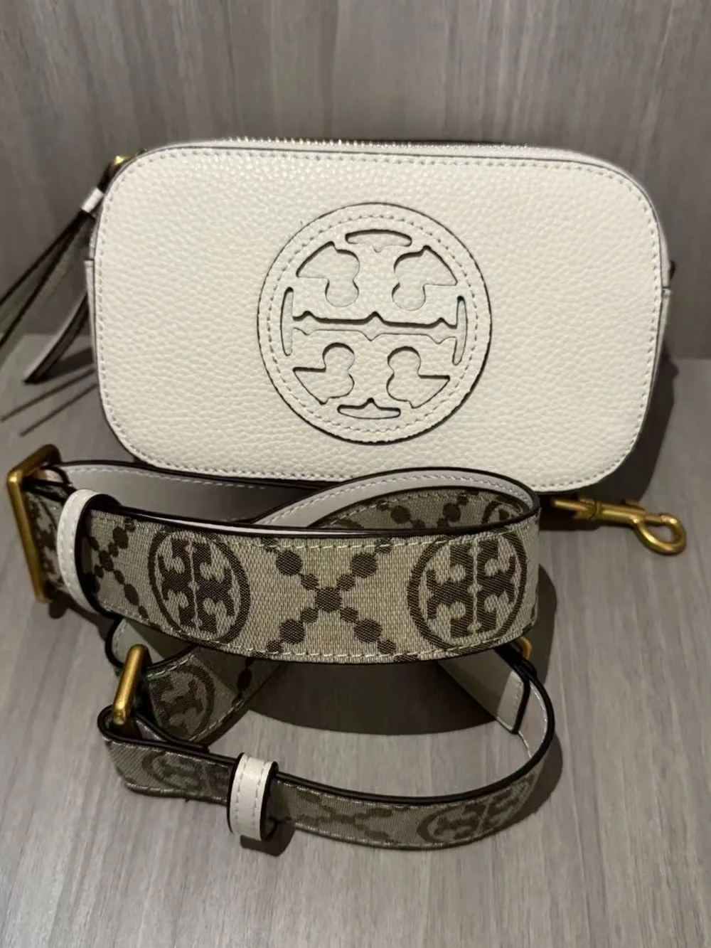 Tory Burch White Pebbled Leather Logo Crossbody with Patterned Strap
